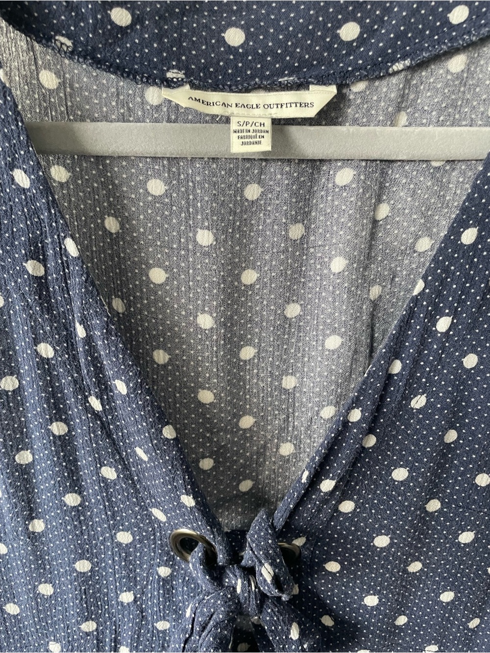 American Eagle Outfitters Navy Blue Polka Dot Tie-Front Dress